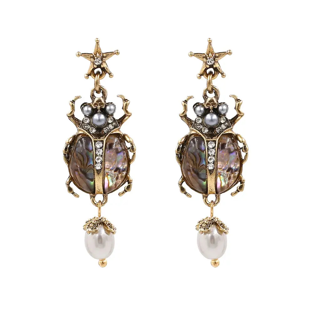 Scarab &amp; Pearl Vintage Drop Earrings