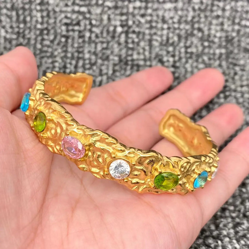 Hammered Gold Zircon Cuff Bracelet