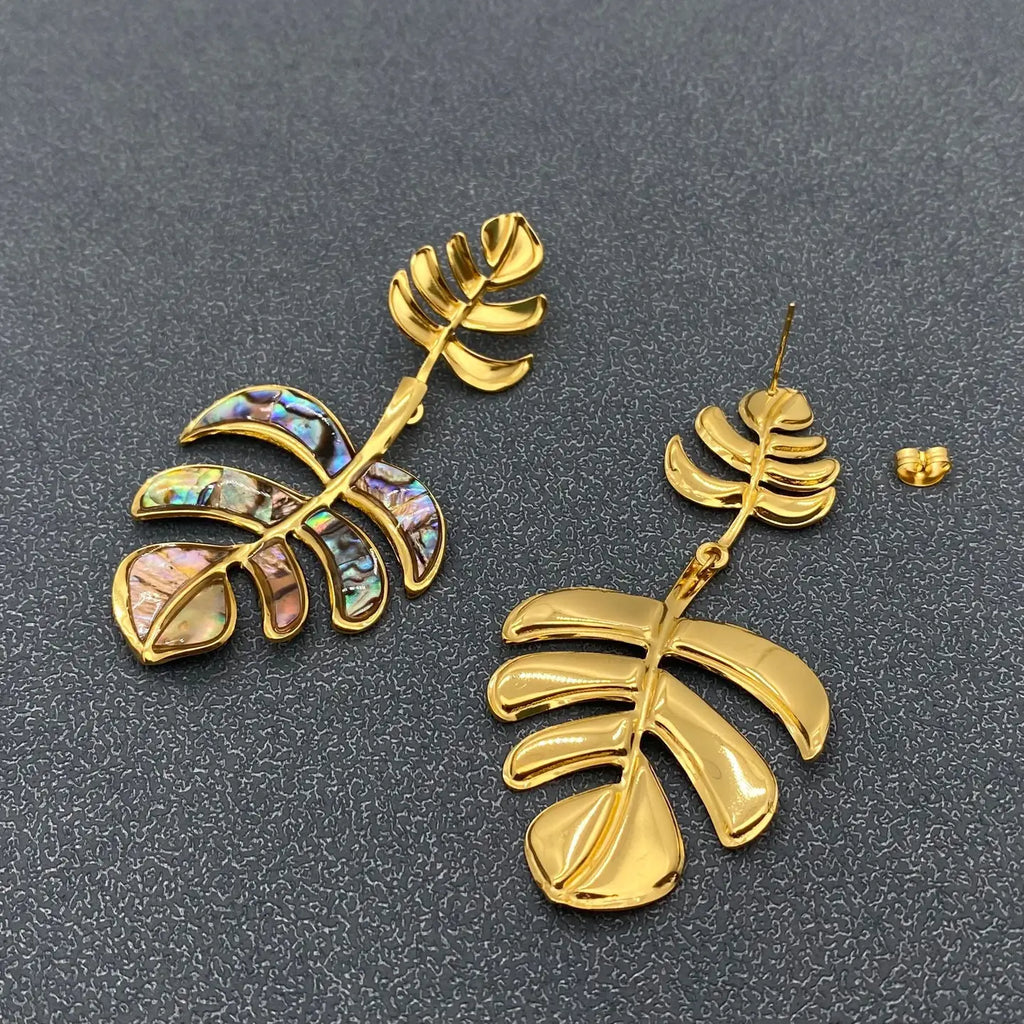 Tropical Leaf Shell Drop Earrings