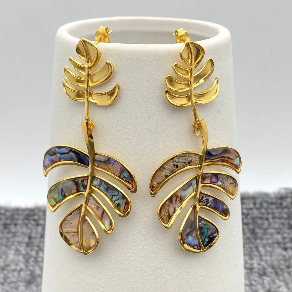 Tropical Leaf Shell Drop Earrings