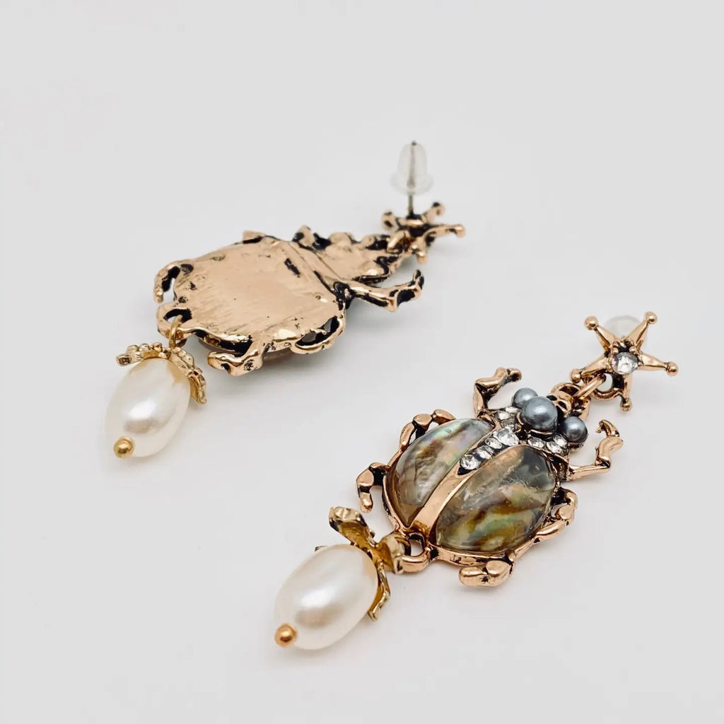 Scarab &amp; Pearl Vintage Drop Earrings