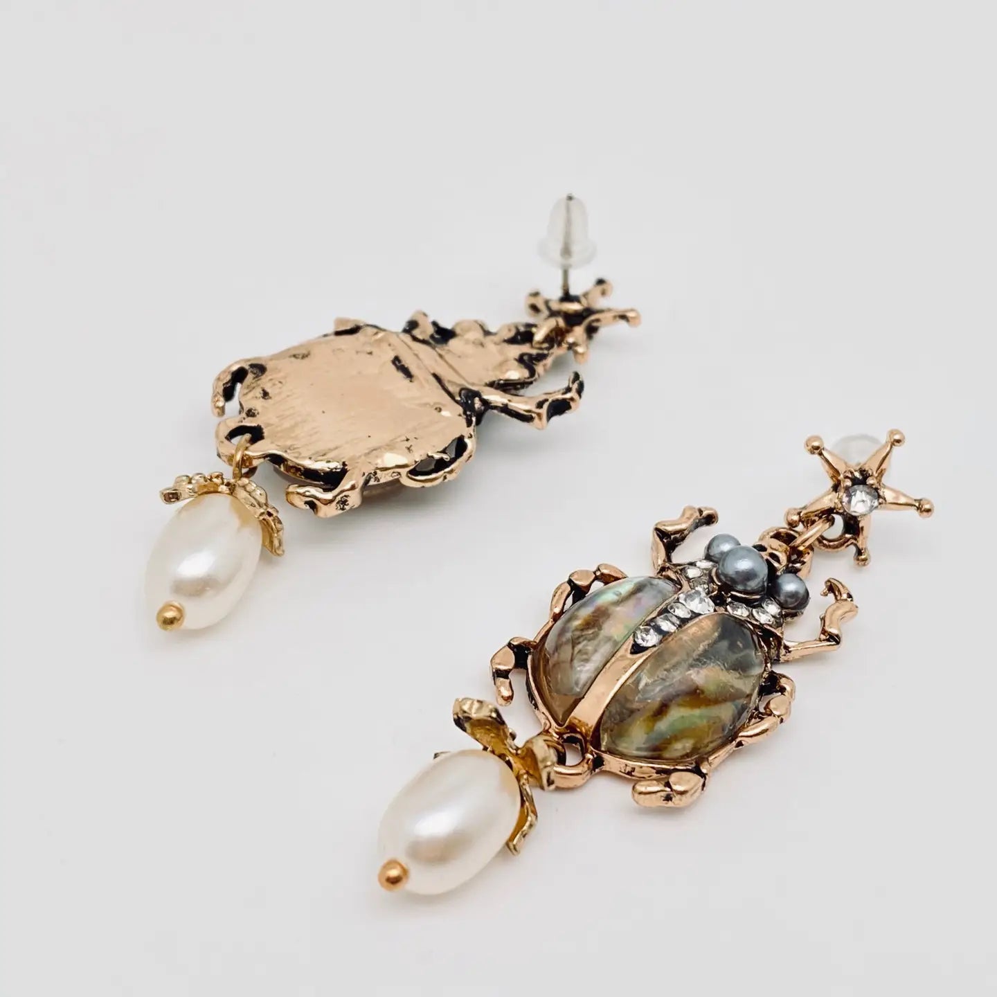 Scarab &amp; Pearl Vintage Drop Earrings