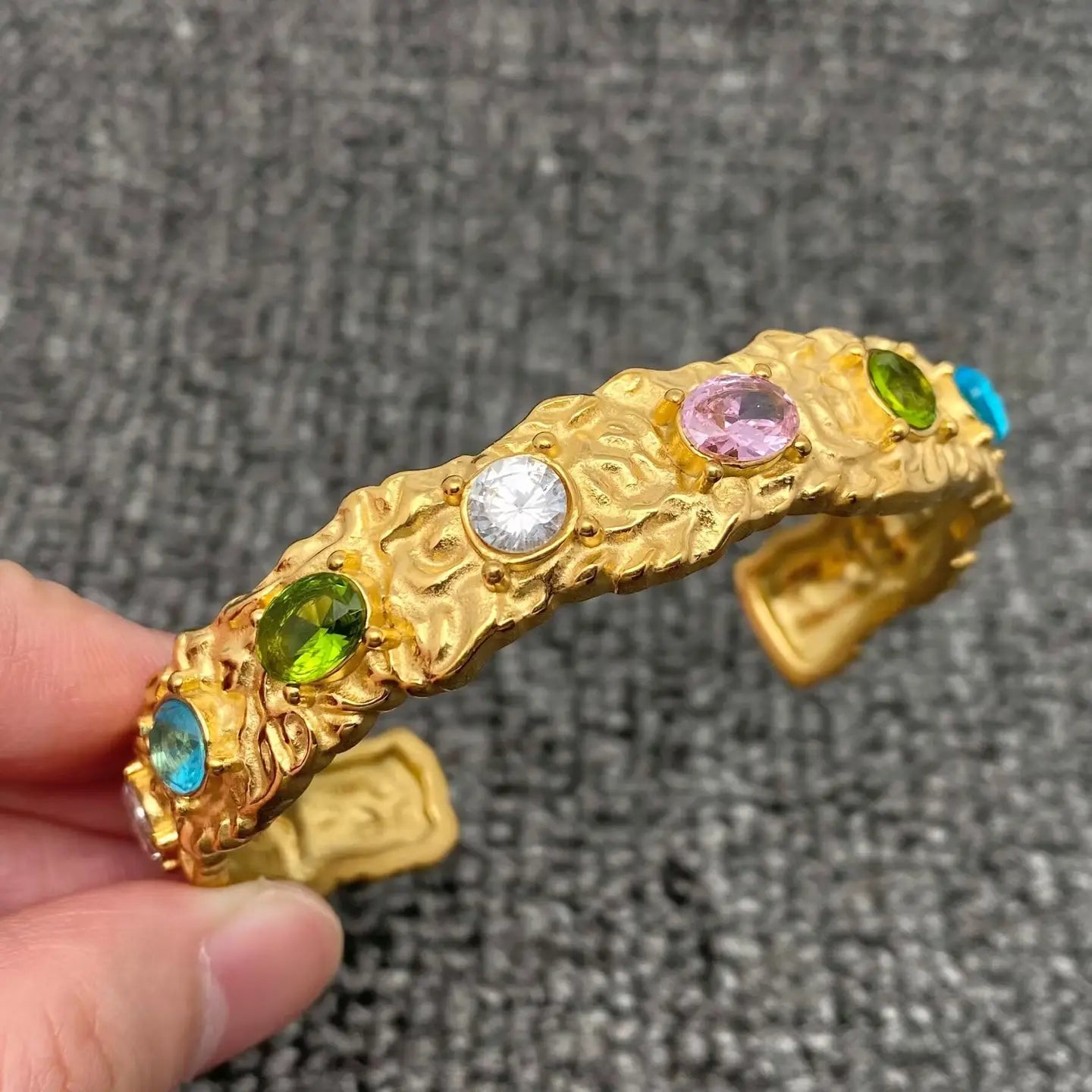 Hammered Gold Zircon Cuff Bracelet