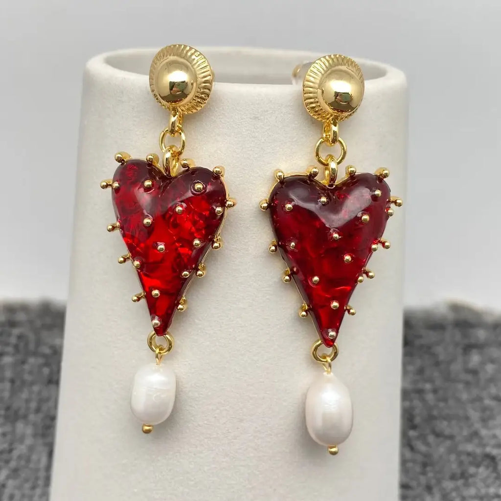 Strawberry Heart Pearl Drop Earrings