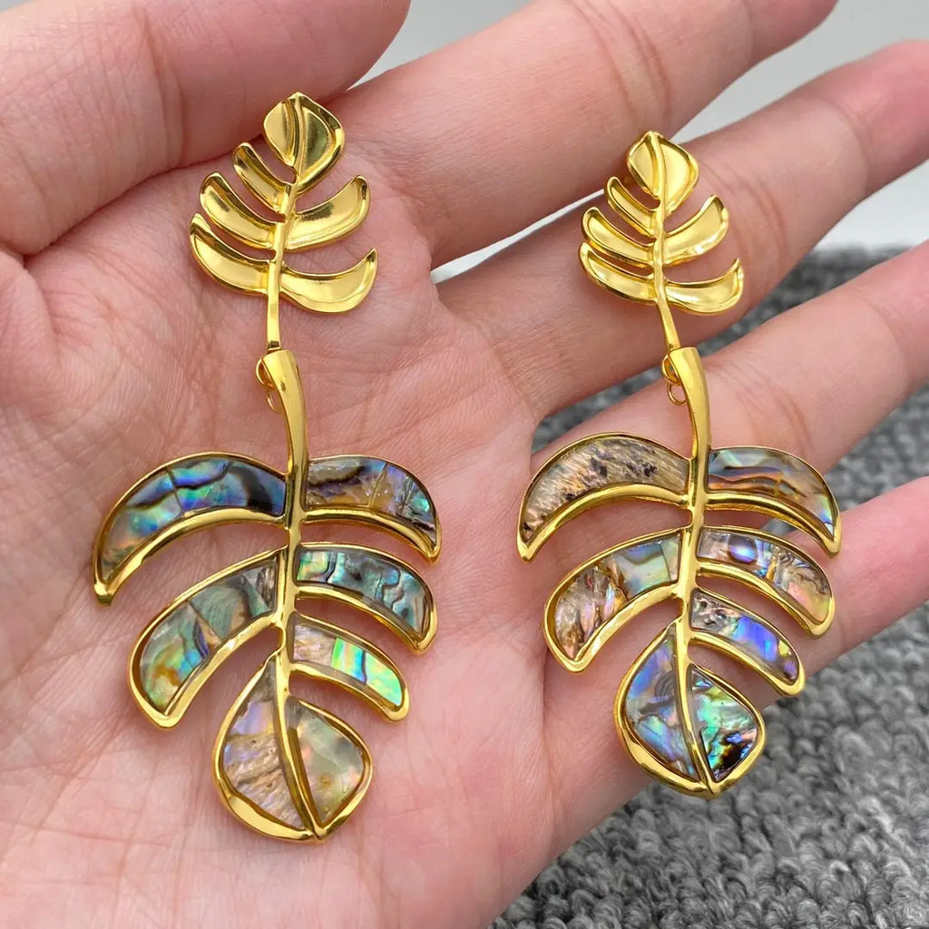 Tropical Leaf Shell Drop Earrings