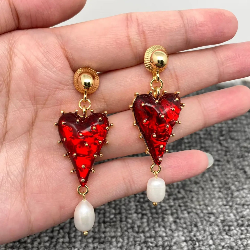 Strawberry Heart Pearl Drop Earrings