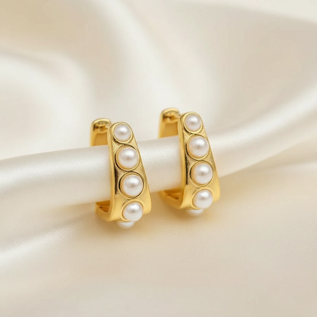 Pearl Row Gold Huggie Earrings
