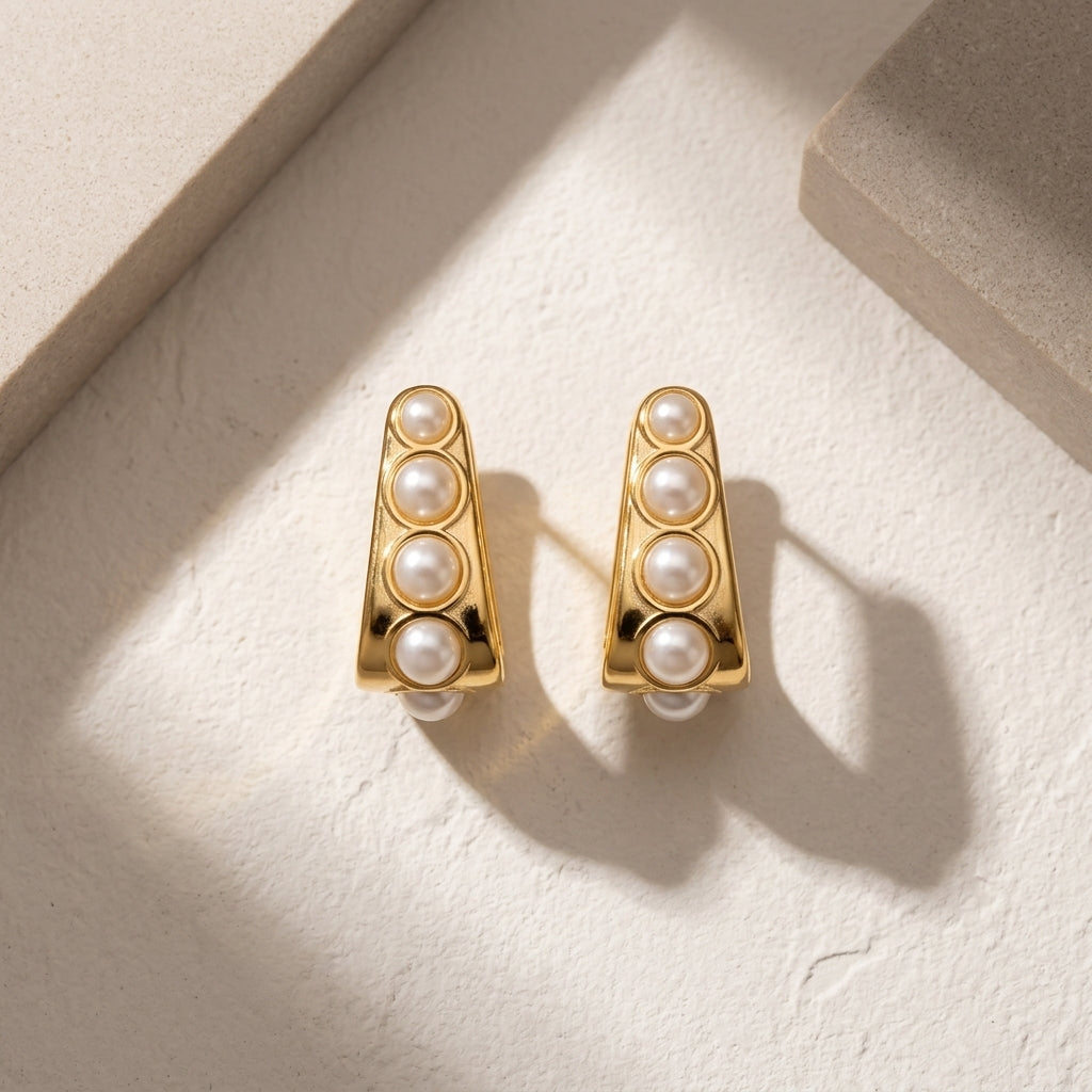 Pearl Row Gold Huggie Earrings