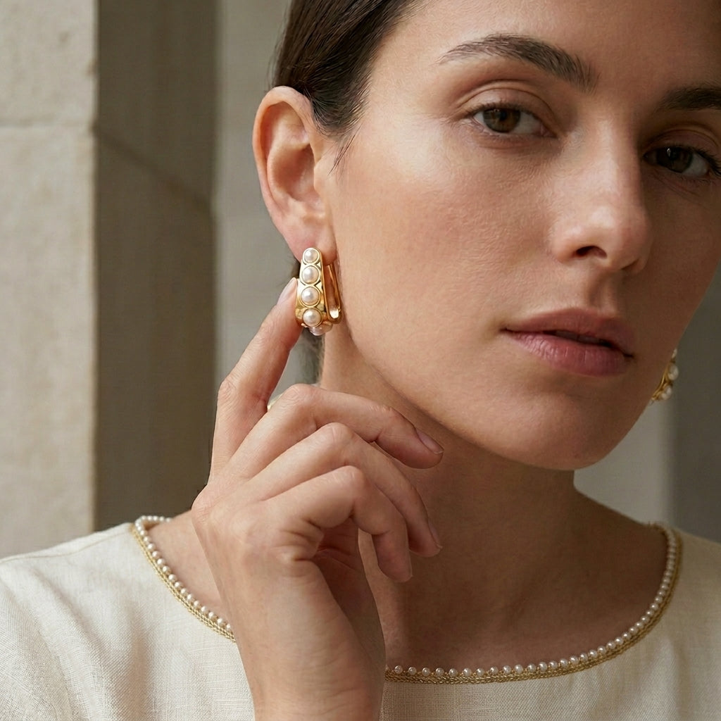 Pearl Row Gold Huggie Earrings